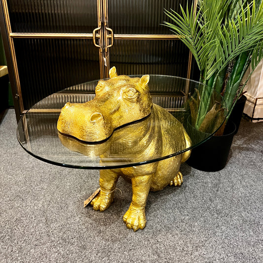 Large Gold Hippo Glass Top Side / Coffee Table
