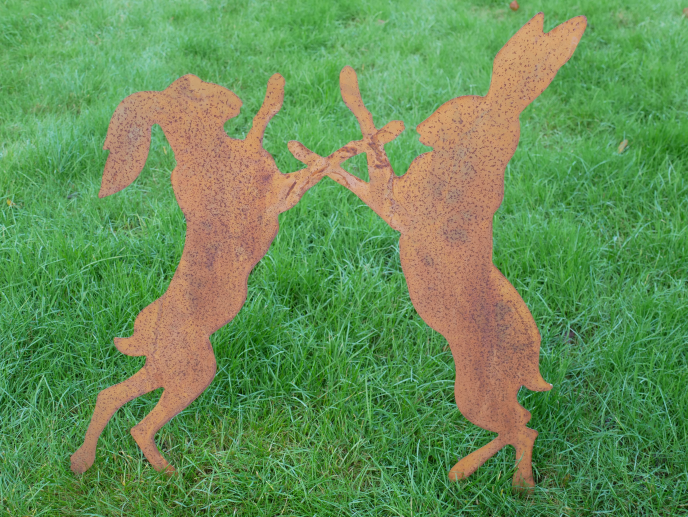 Rusty Garden Stake - Fighting Hares