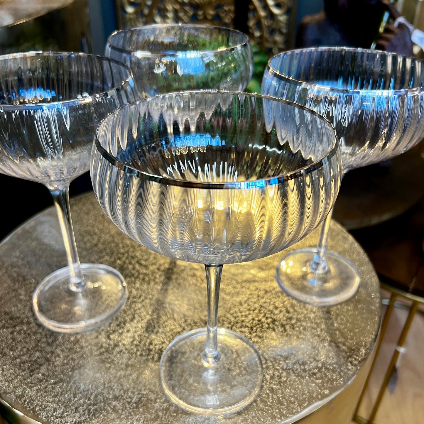 Set of 6 Large Traditional Coupe Champagne Glasses with Silver Rims