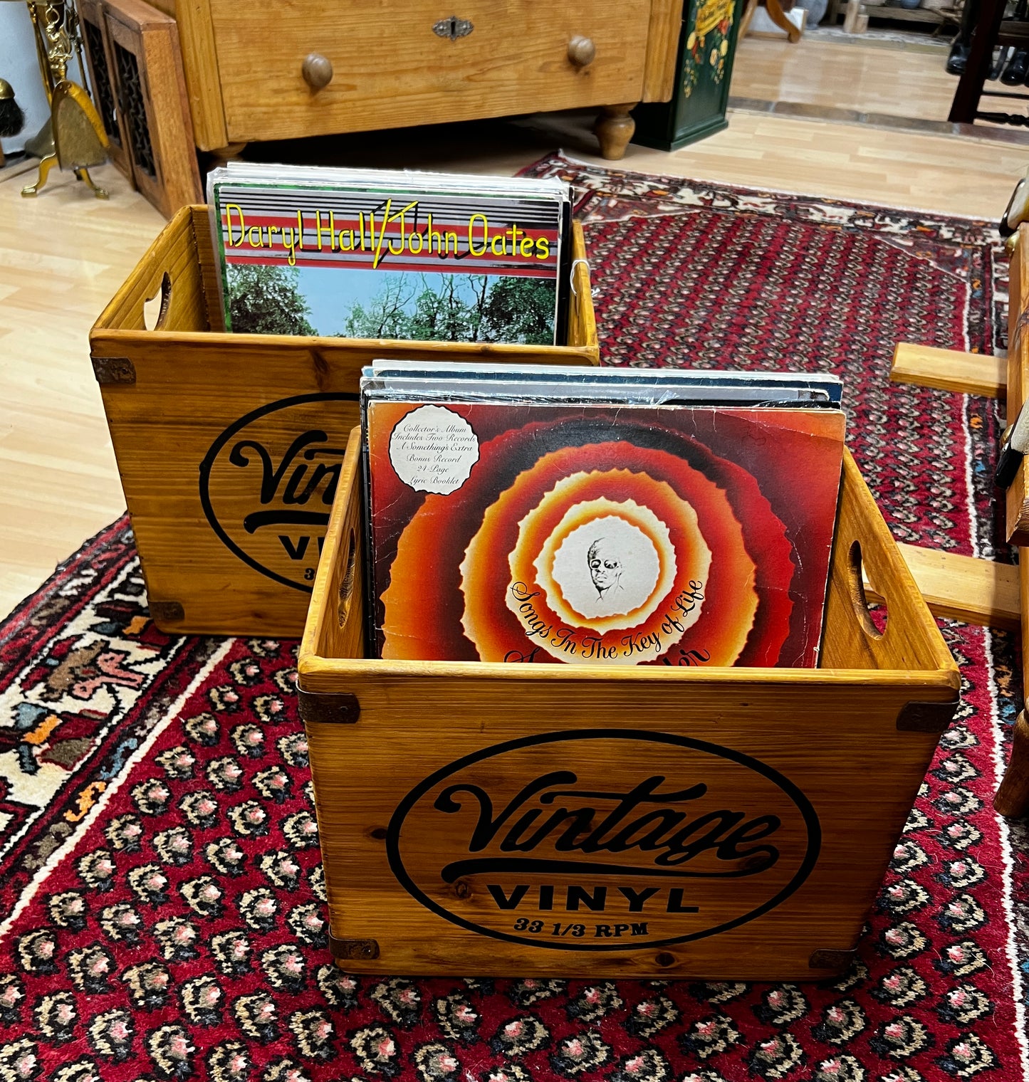 Set of 2 Antiqued Wooden "Vintage Vinyl" LP Record Storage Boxes