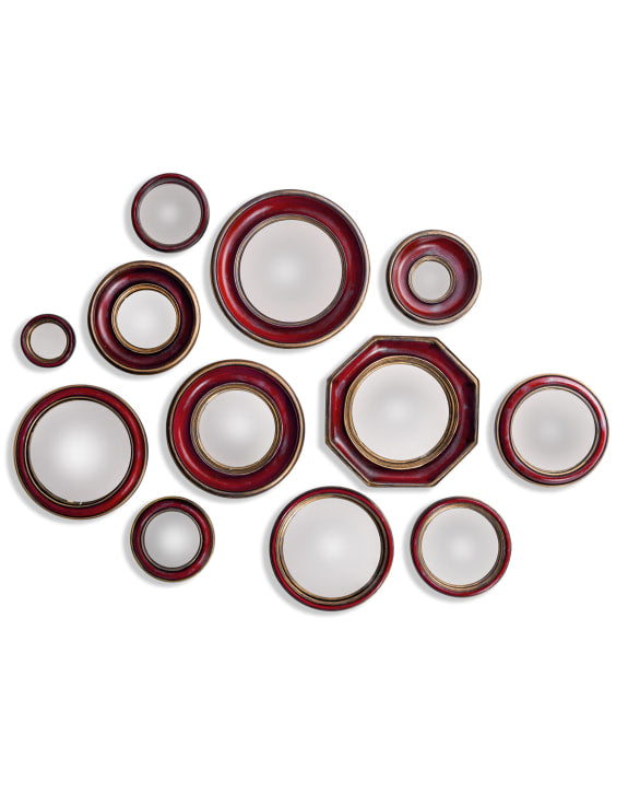 Set of 12 Assorted Antique Red Framed Convex Mirrors
