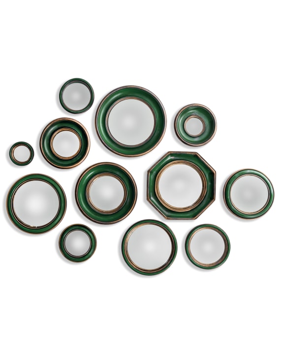 Set of 12 Assorted Antique Green Framed Convex Mirrors