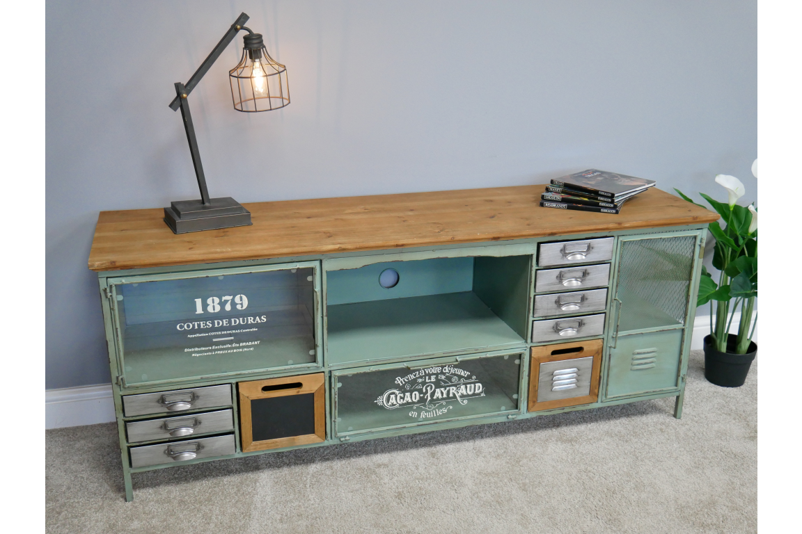 Industrial TV Cabinet Green Metal Wide