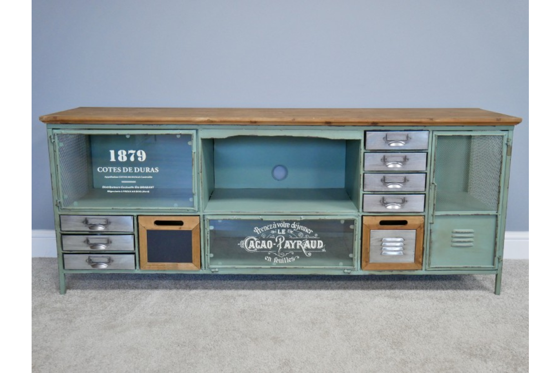 Industrial TV Cabinet Green Metal Wide