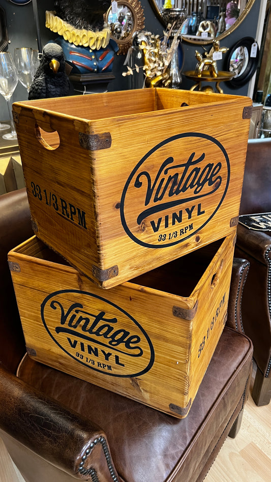 Set of 2 Antiqued Wooden "Vintage Vinyl" LP Record Storage Boxes