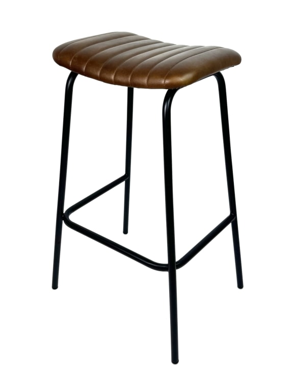 Industrial Ribbed Leather and Iron Bar Stool