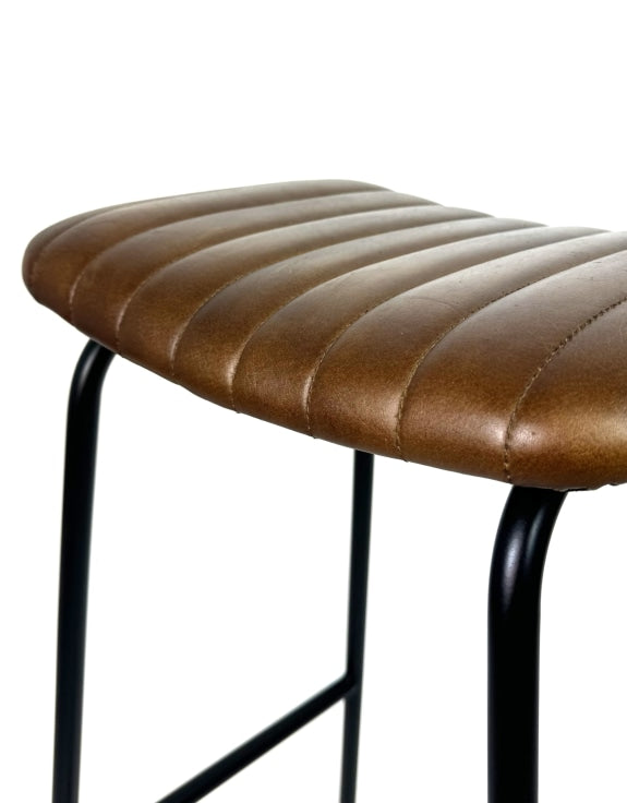 Industrial Ribbed Leather and Iron Bar Stool