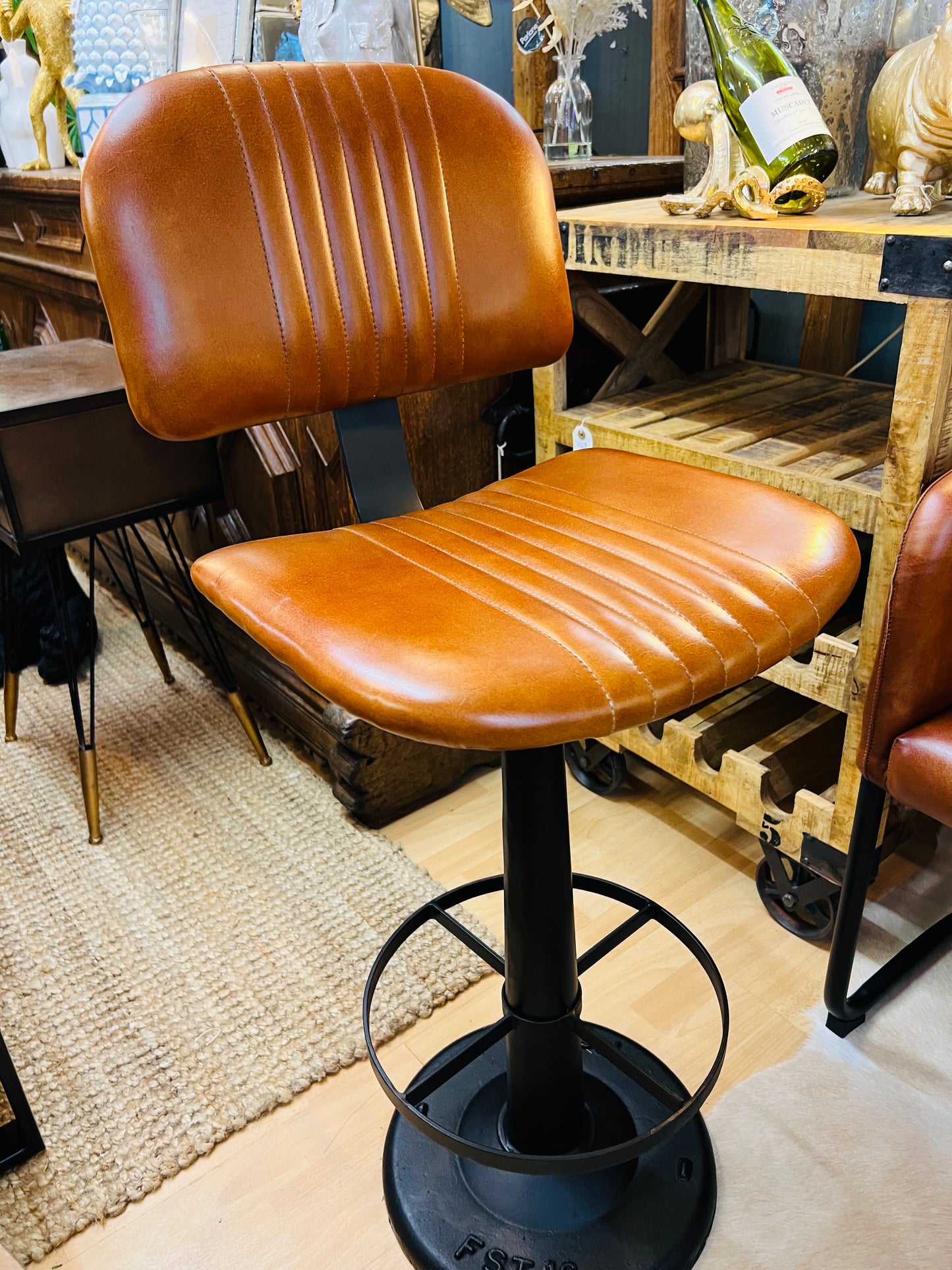 Industrial Vintage Leather Iron Bar Stool - Back In Stock