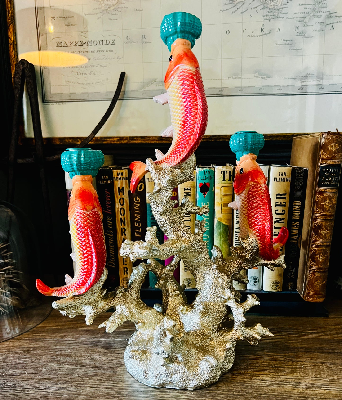 Ornate Carp & Coral Candlestick