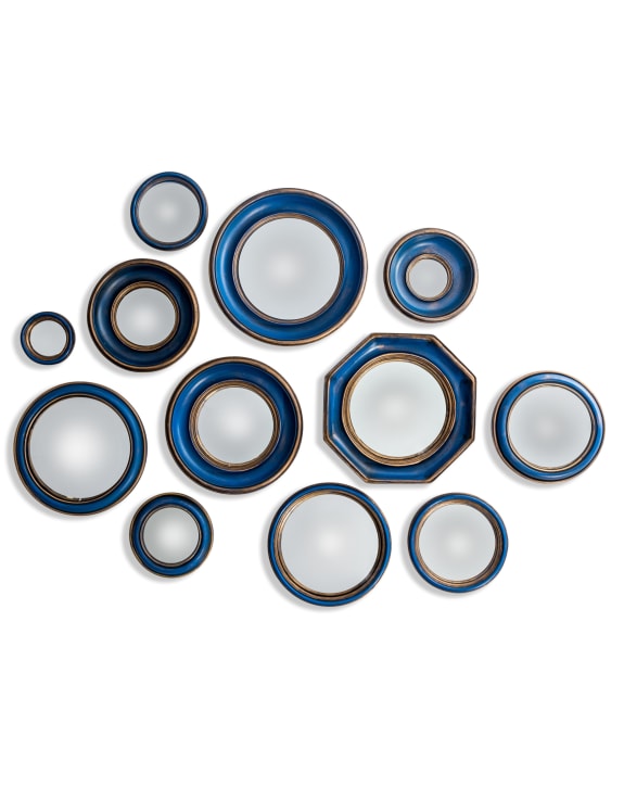 Set of 12 Assorted Antique Blue Framed Convex Mirrors