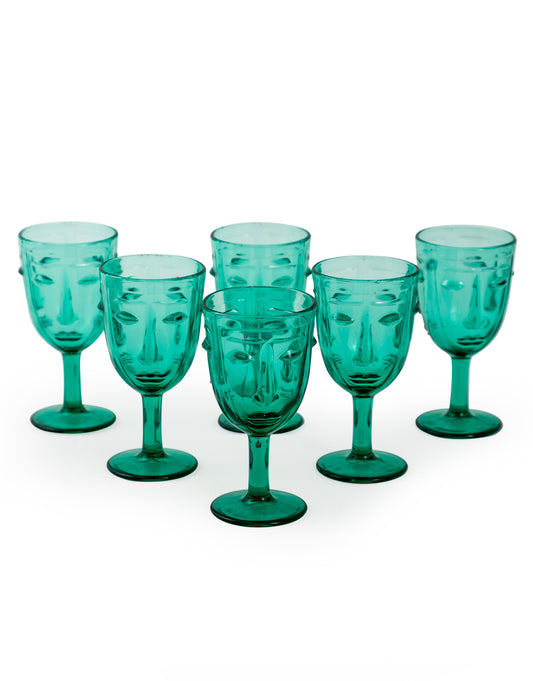 Set of 6 Teal Deco Face Wine Glasses