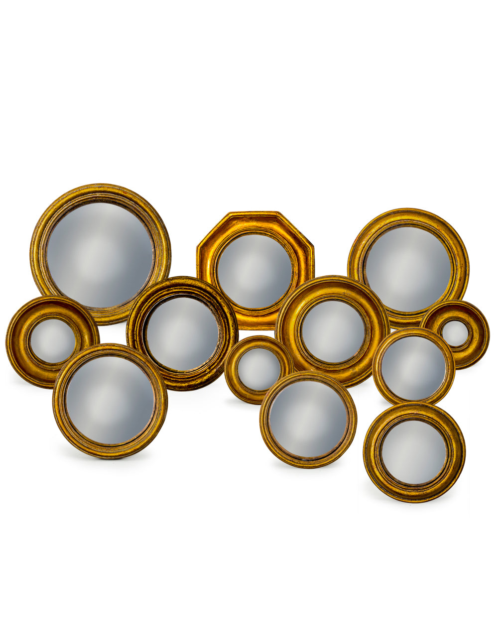 Set of 12 Assorted Antique Gold Framed Convex Mirrors - Last Set Left, Be quick!