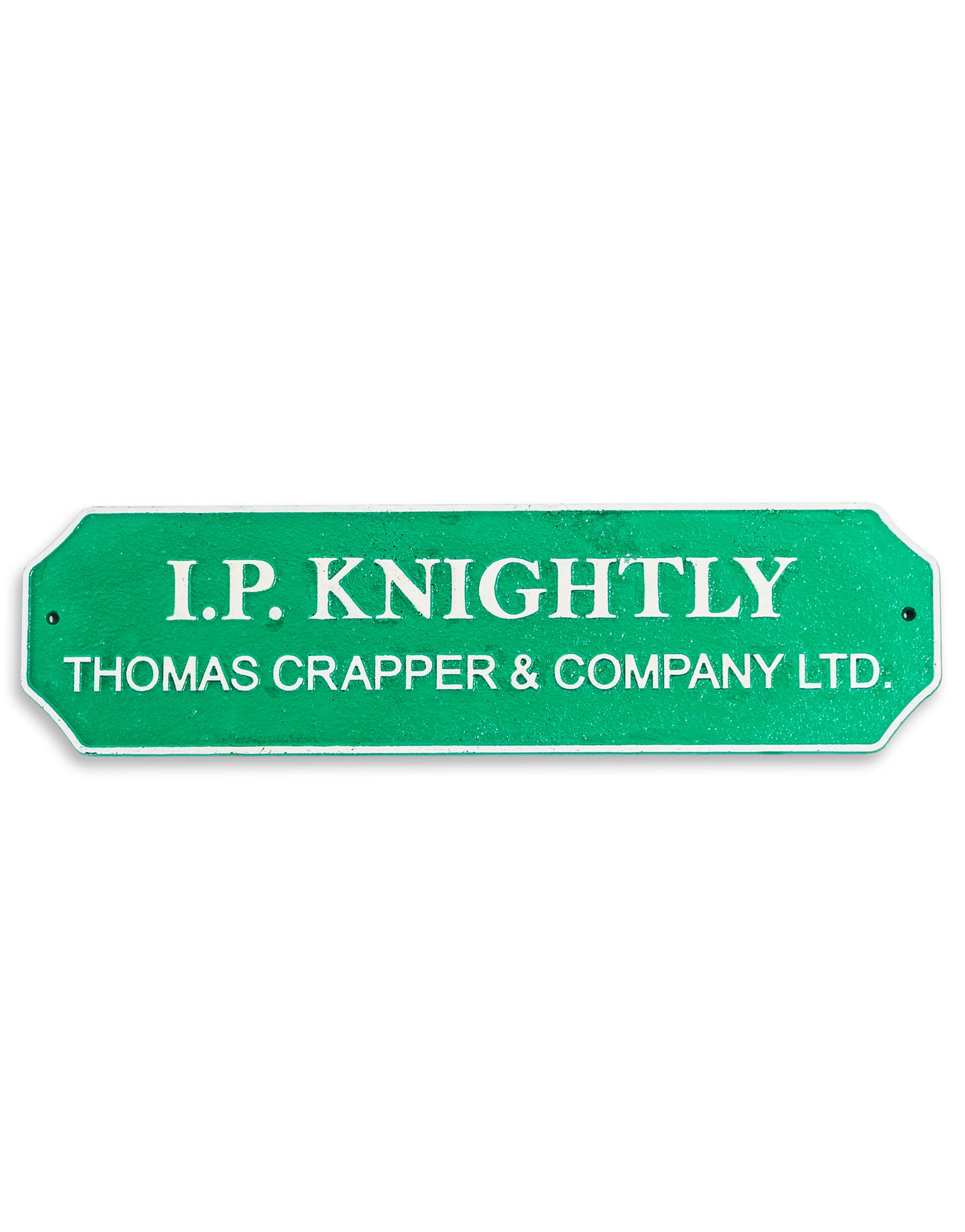 Green and White Cast Iron "I P Knightly" Wall Sign