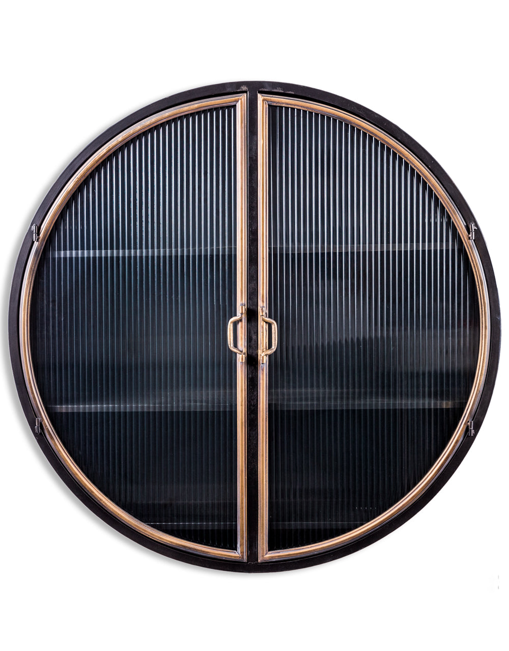 Black and Antique Gold "Orwell" Large Round Metal Wall Cabinet - Back In Stock