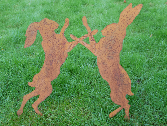 Rusty Garden Stake - Fighting Hares