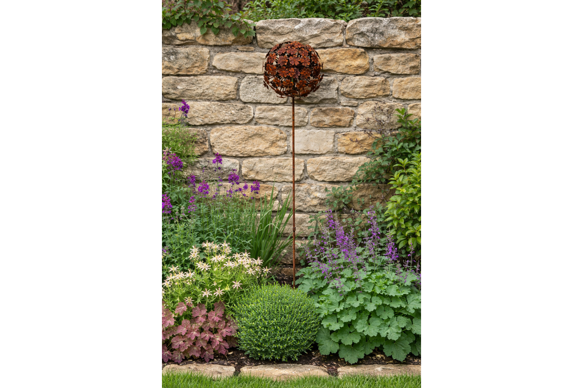 Rusty Flower Ball Stake - 140cm High