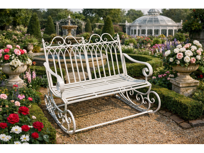 Outdoor Cream Metal Rocking Bench