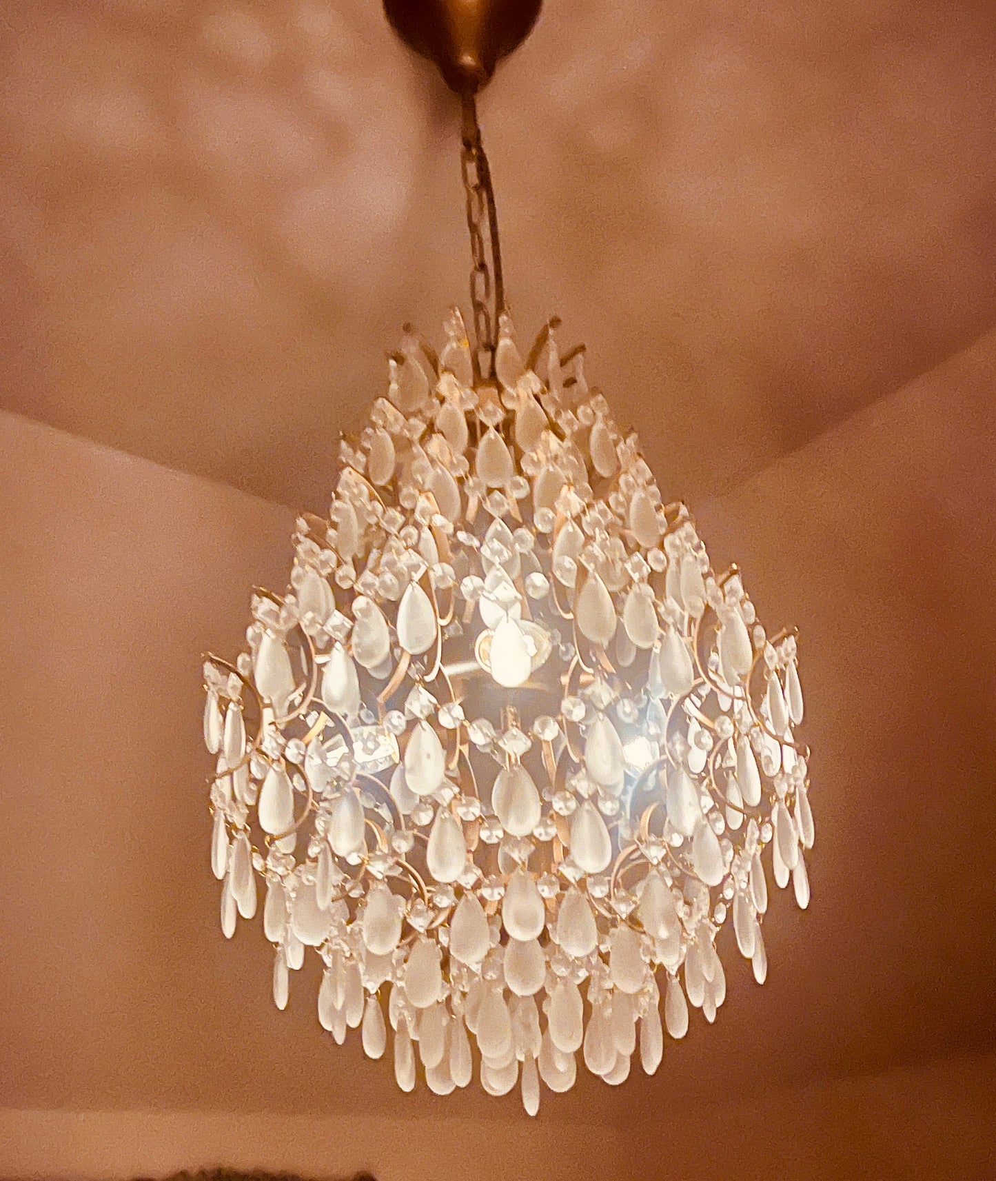 Antiqued Gold Multi Teardrop Chandelier - Frosted Crystals