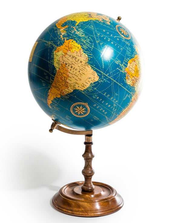 Antiqued Blue Globe on Wooden Stand Ornament