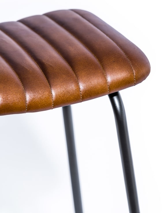 Industrial Ribbed Leather and Iron Bar Stool