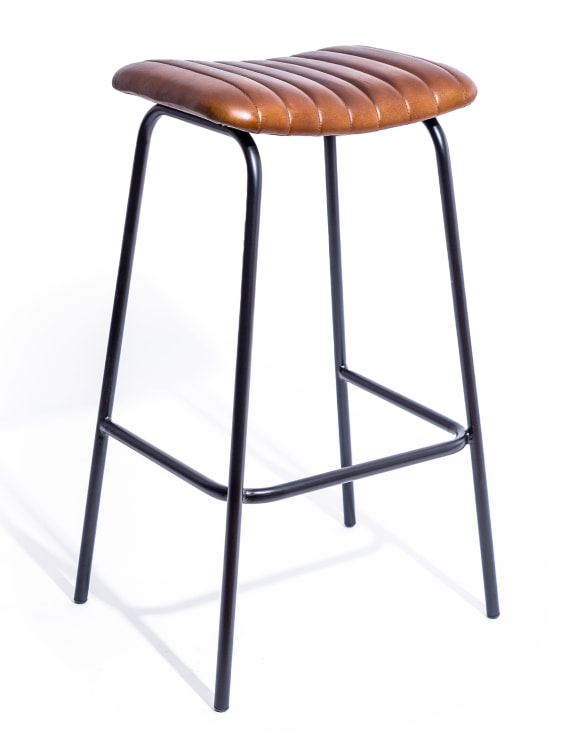 Industrial Ribbed Leather and Iron Bar Stool