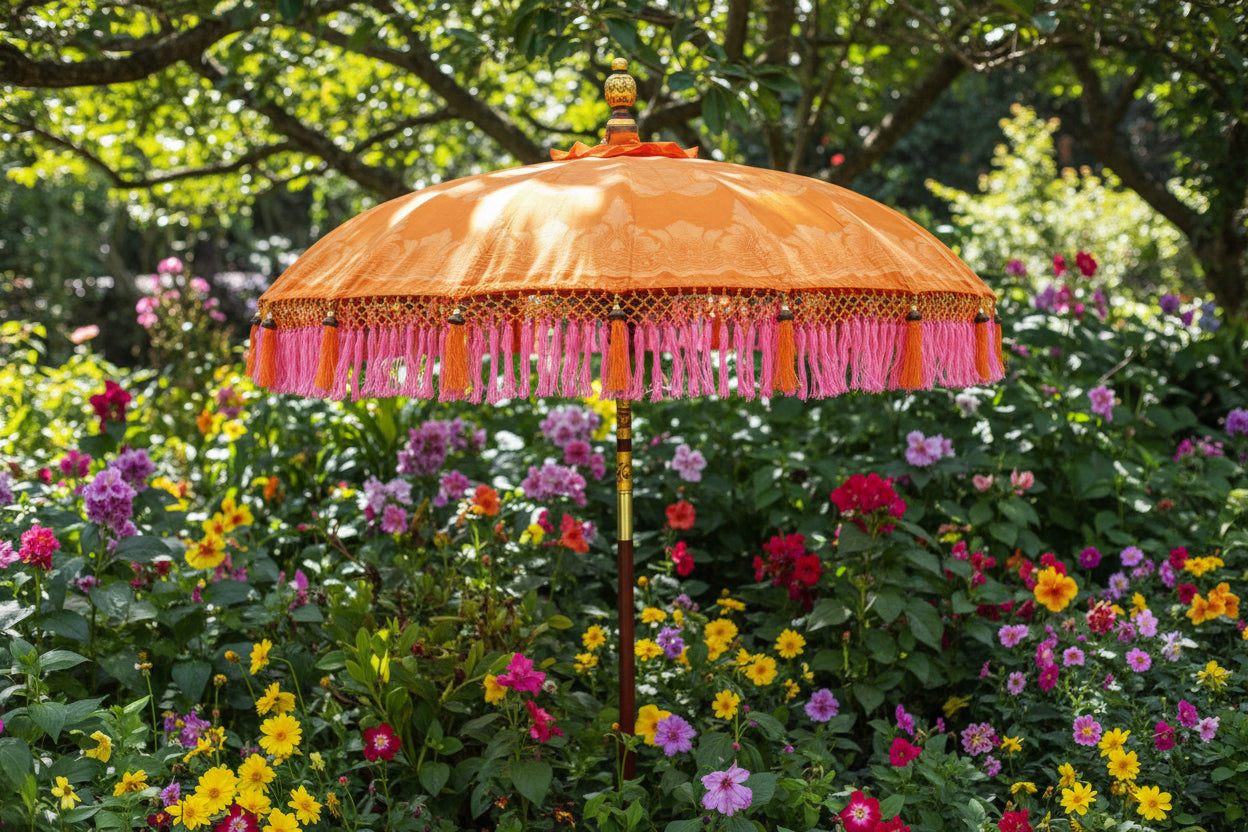 Bali Sun Parasol - Large Orange / Gold with orange or Pink Tassles