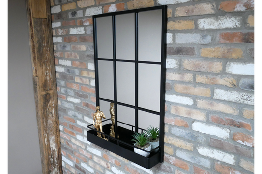 Black Industrial Wall Mirror with shelf