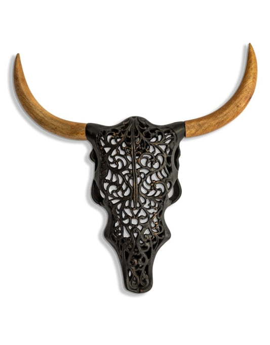 Black Metal and Wood Tribal Bison Wall Head
