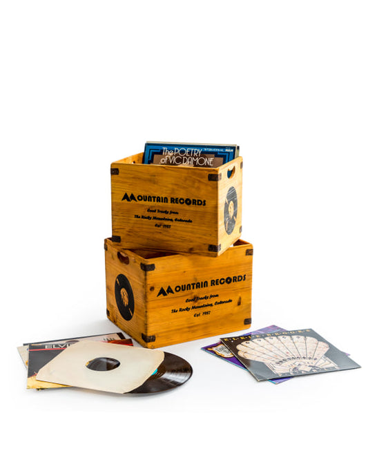 Set of 2 Antiqued Wooden "Roman Records" LP Record Storage Boxes