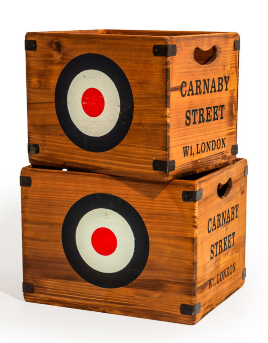Set of 2 Antiqued Wooden "Carnaby Street" LP Record Storage Boxes