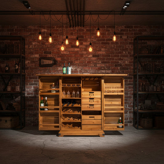 A large wooden wine and bar cabinet with open doors, shelves, drawers, and built-in wine racks, shown on a plain white background. Bottles and glasses are placed on top and inside as props.