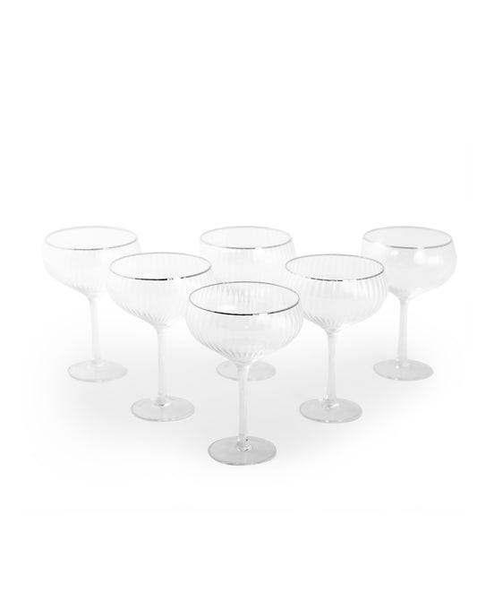 Set of 6 Large Traditional Coupe Champagne Glasses with Silver Rims