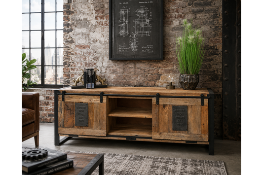 Industrial TV Cabinet With Sliding Doors -
