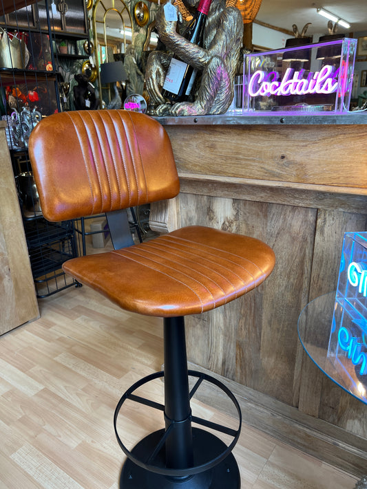 Industrial Vintage Leather & Iron Bar Stool