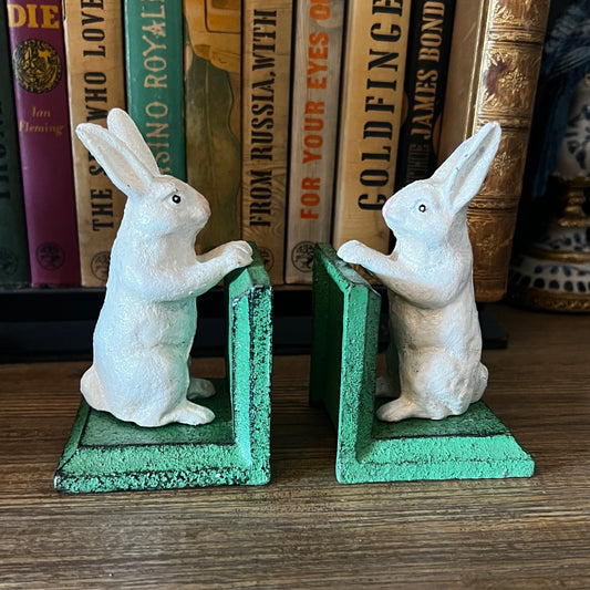 Cast Iron Antiqued Pair of White Rabbit Bookends