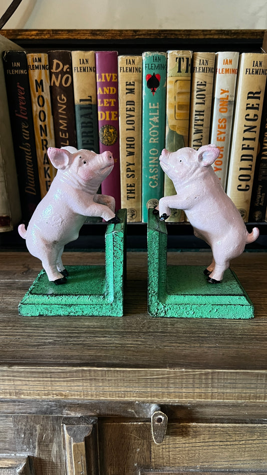 Cast Iron Antiqued Pair of Pig Bookends