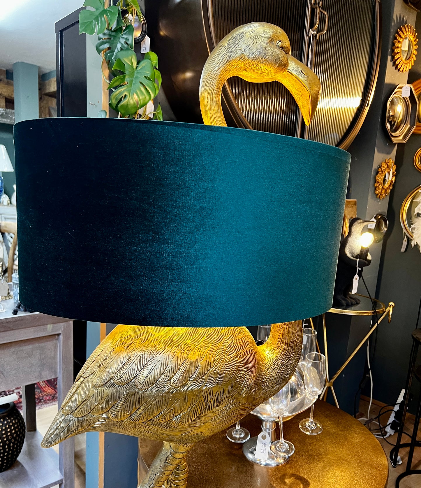 Antique Gold Flamingo Floor Lamp with Green Velvet Shade