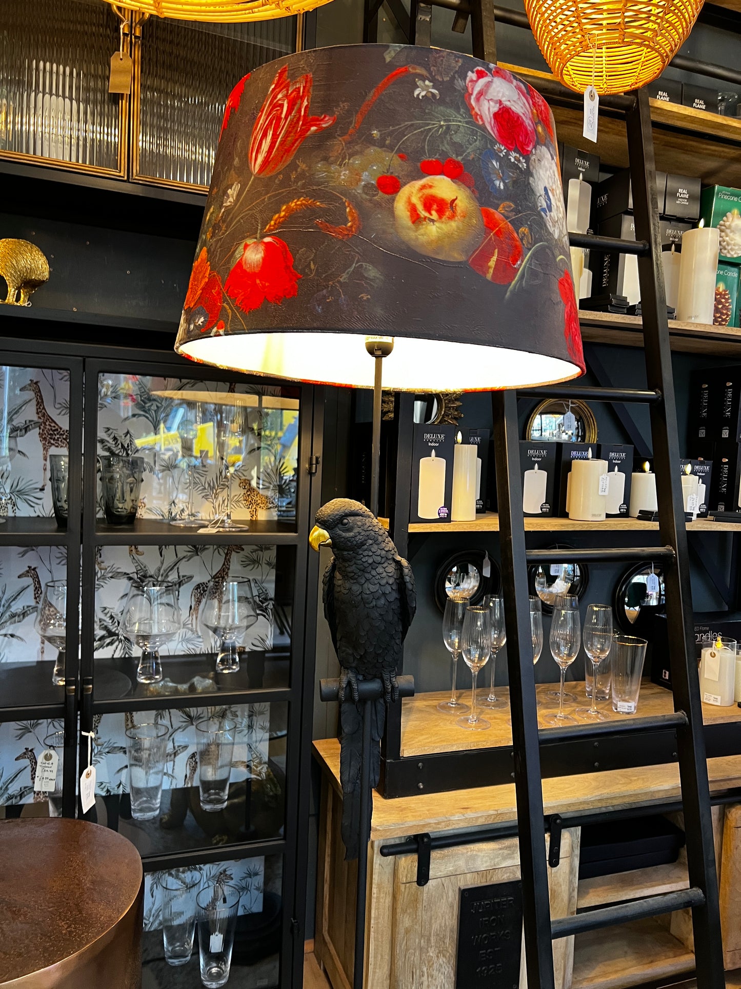 Matt Black Parrot Floor Lamp with Boho Floral Shade