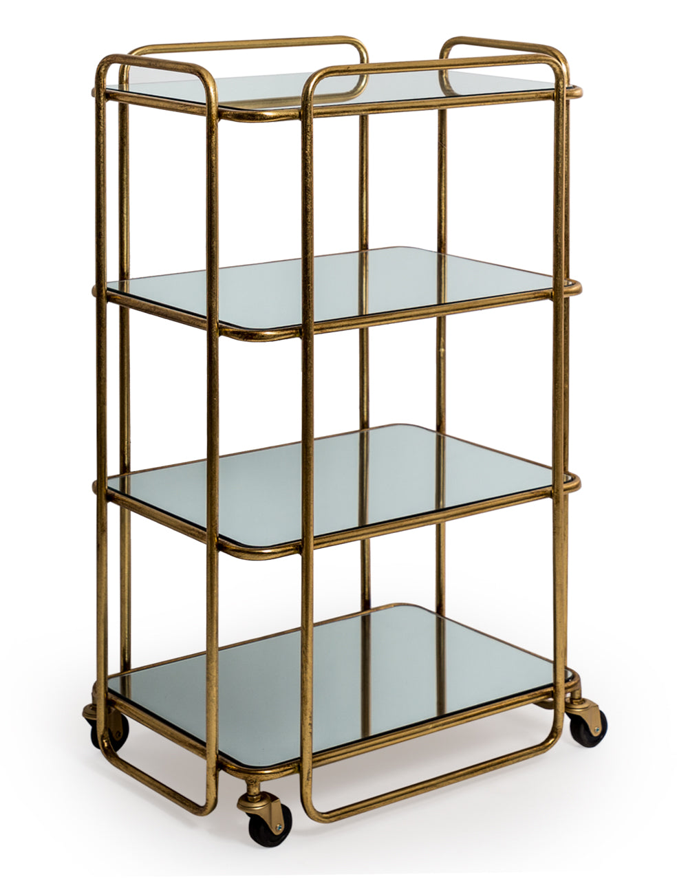 Antique Gold/Bronze Leaf Metal Bar Trolley with Mirror Shelves
