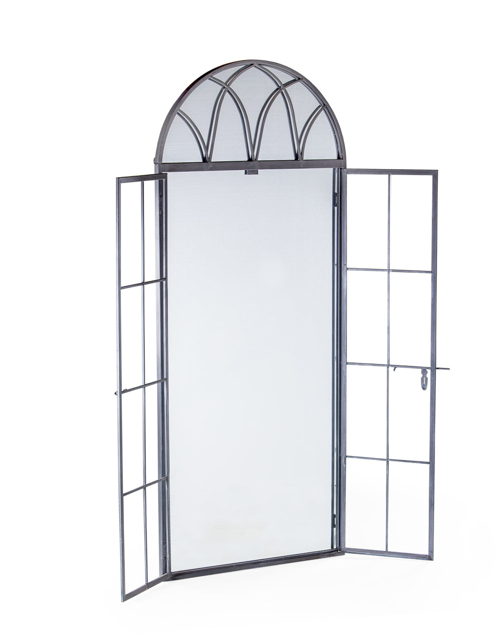 Antiqued Lead Grey Iron Tall Arch Window Metal Mirror