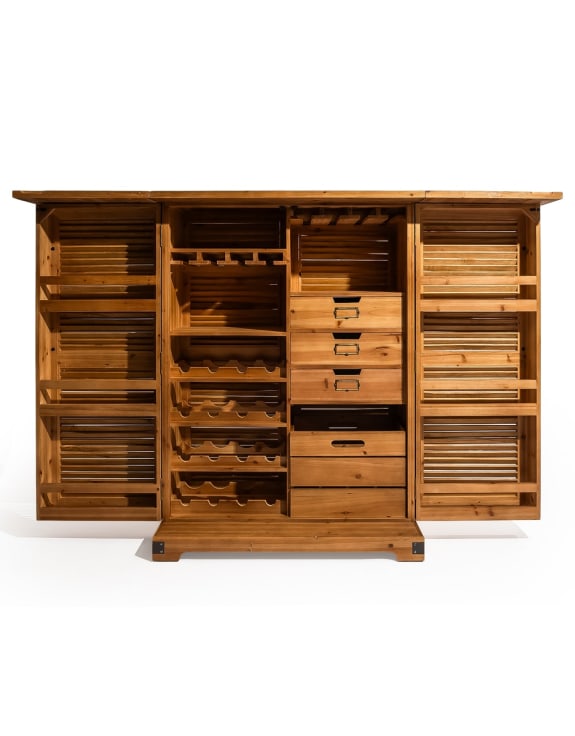 Rustic Slatted Wood Fold-Out Bar Cabinet