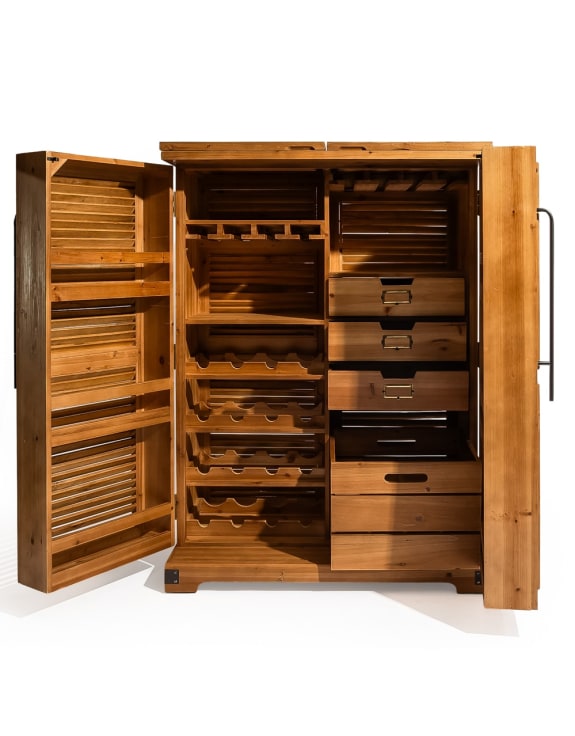 Rustic Slatted Wood Fold-Out Bar Cabinet