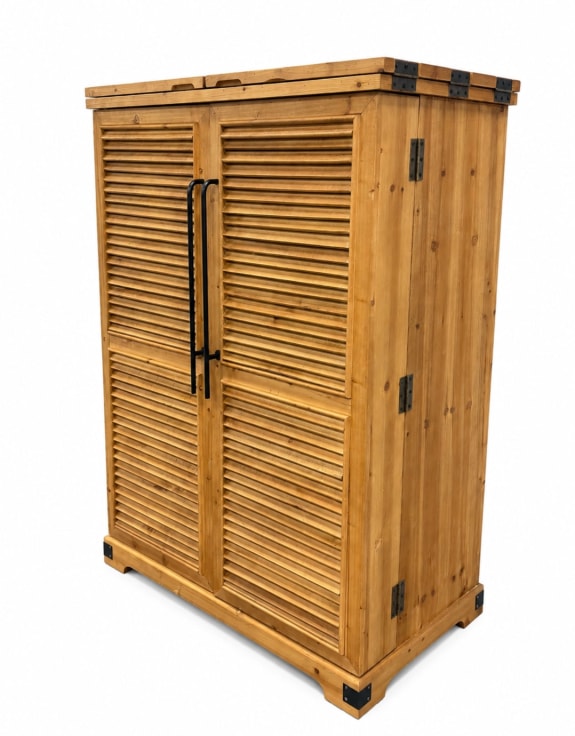 Rustic Slatted Wood Fold-Out Bar Cabinet