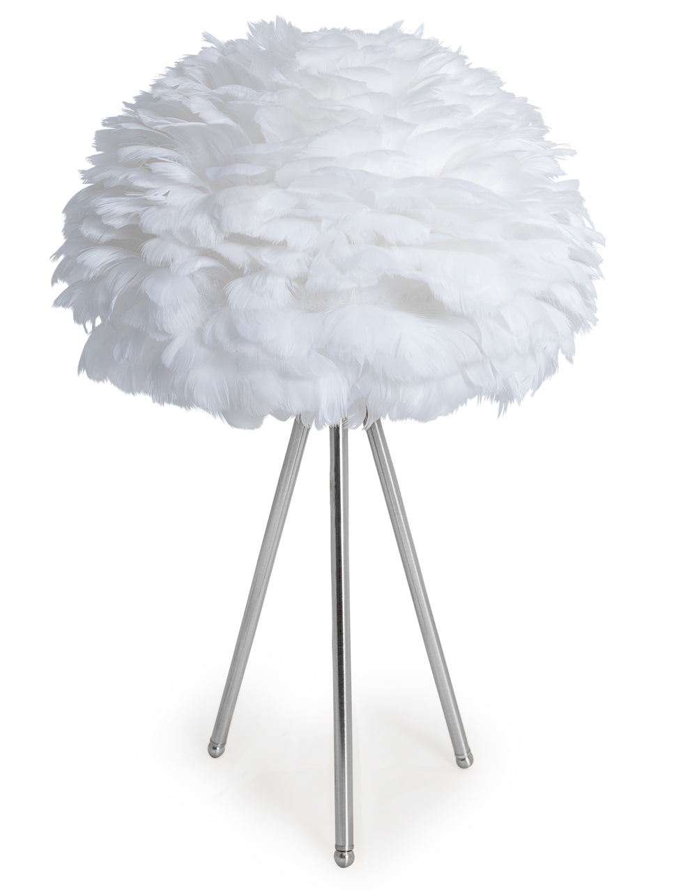 Chrome Tripod Table Lamp with White Feather Shade