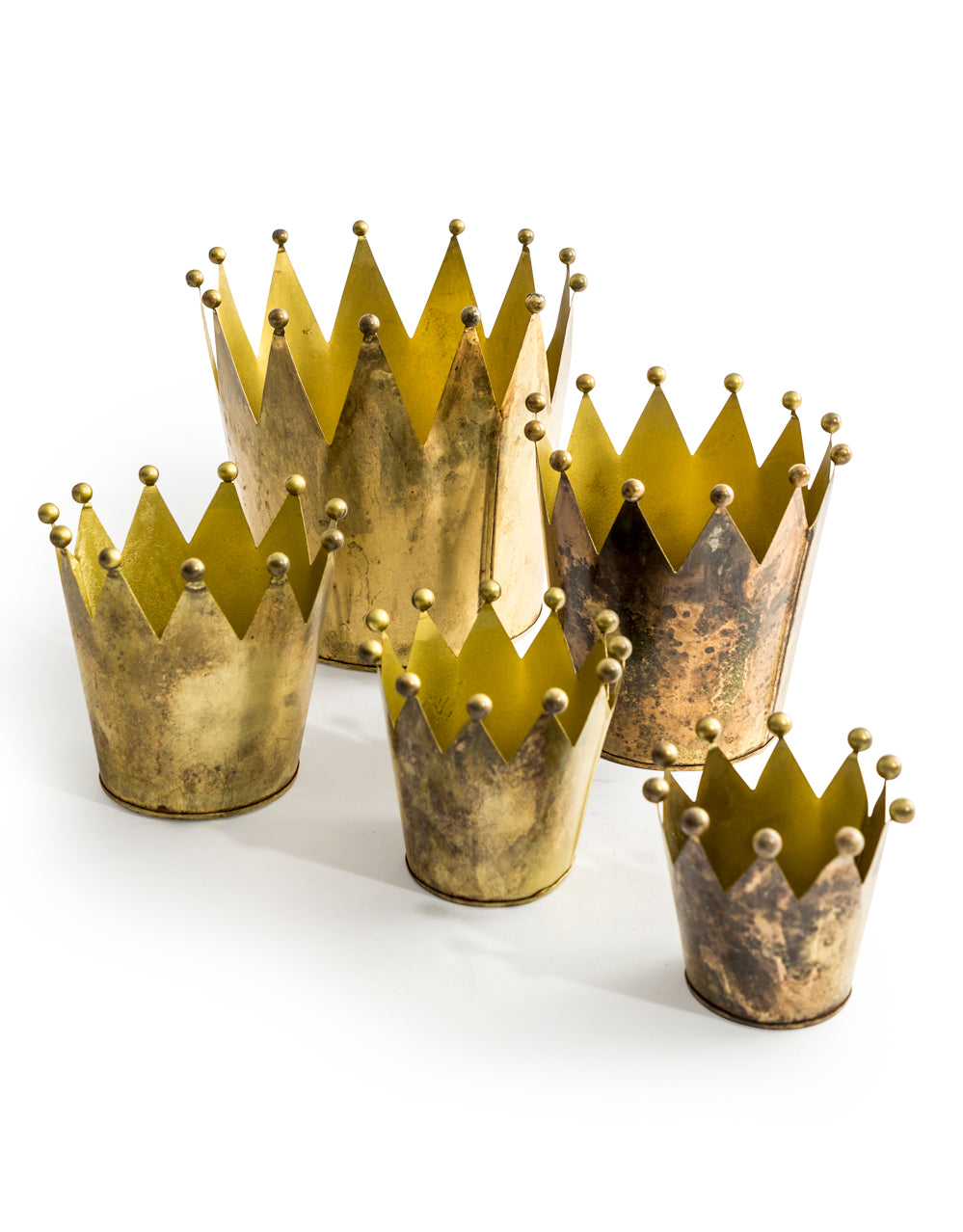 Set of 5 Antique Gold Metal Crown Planters