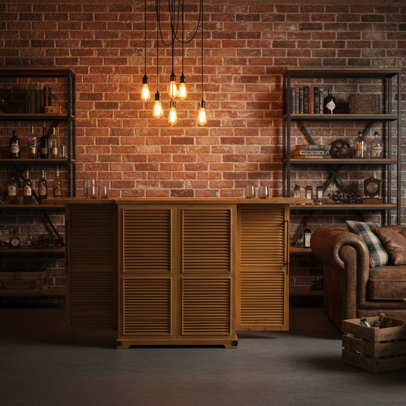 A light brown bamboo sideboard or buffet table with louvered doors and a hinged top, shown against a plain white background.