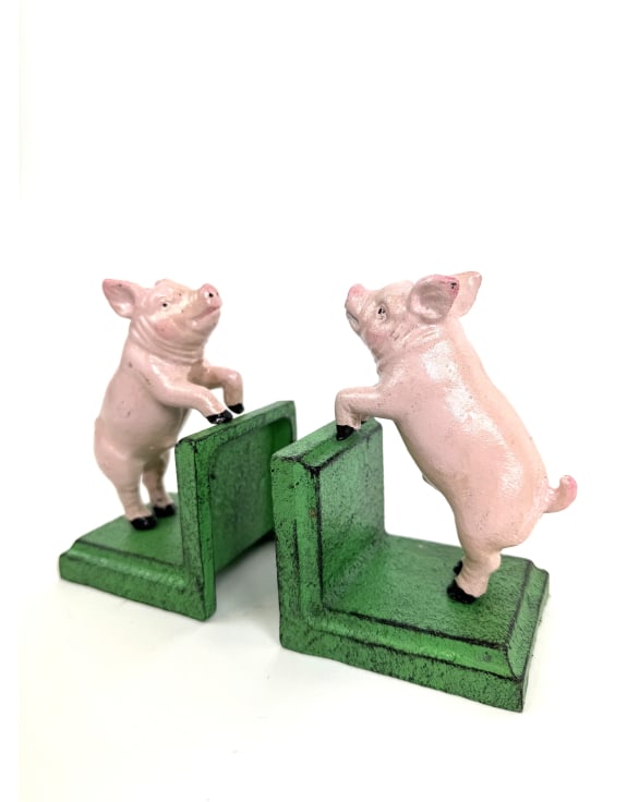 Cast Iron Antiqued Pair of Pig Bookends
