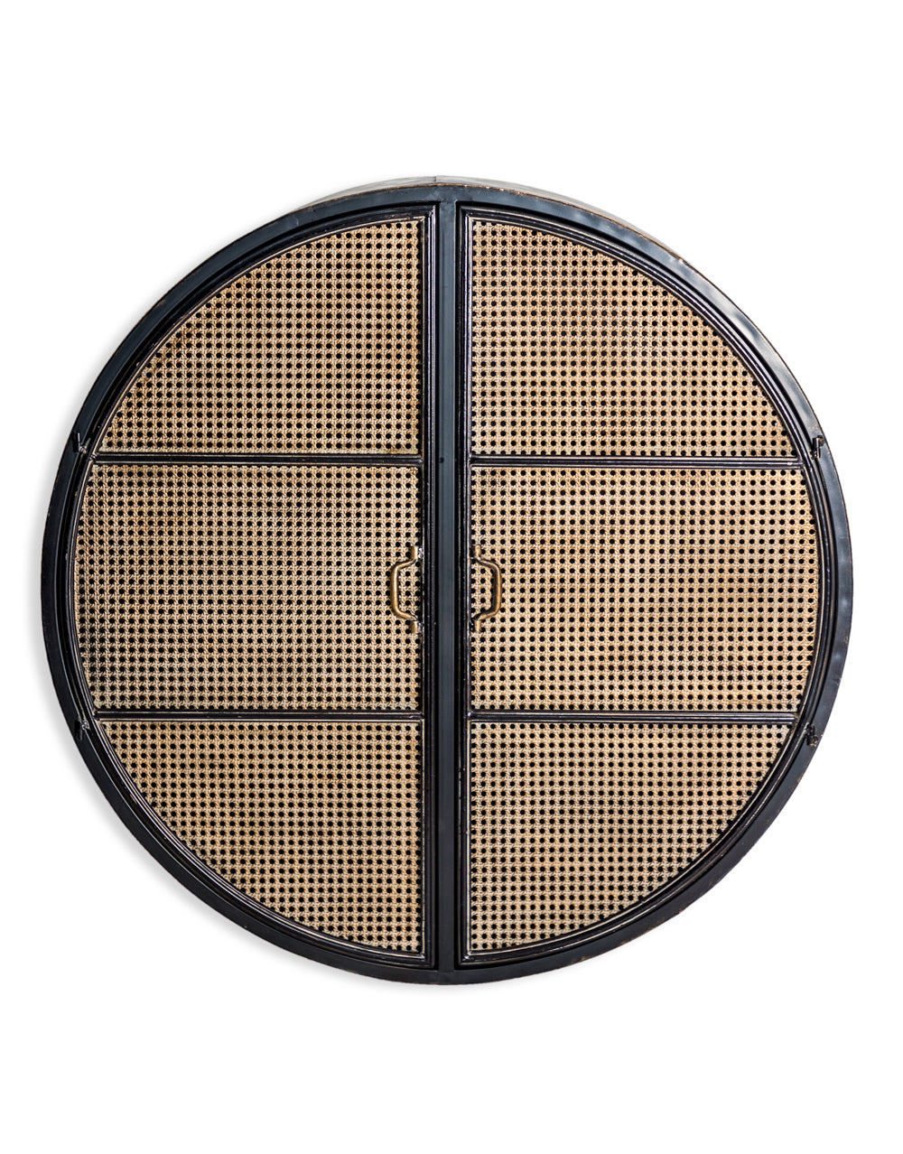 Antiqued Black Large Round Wall Cabinet with Metal Rattan Doors