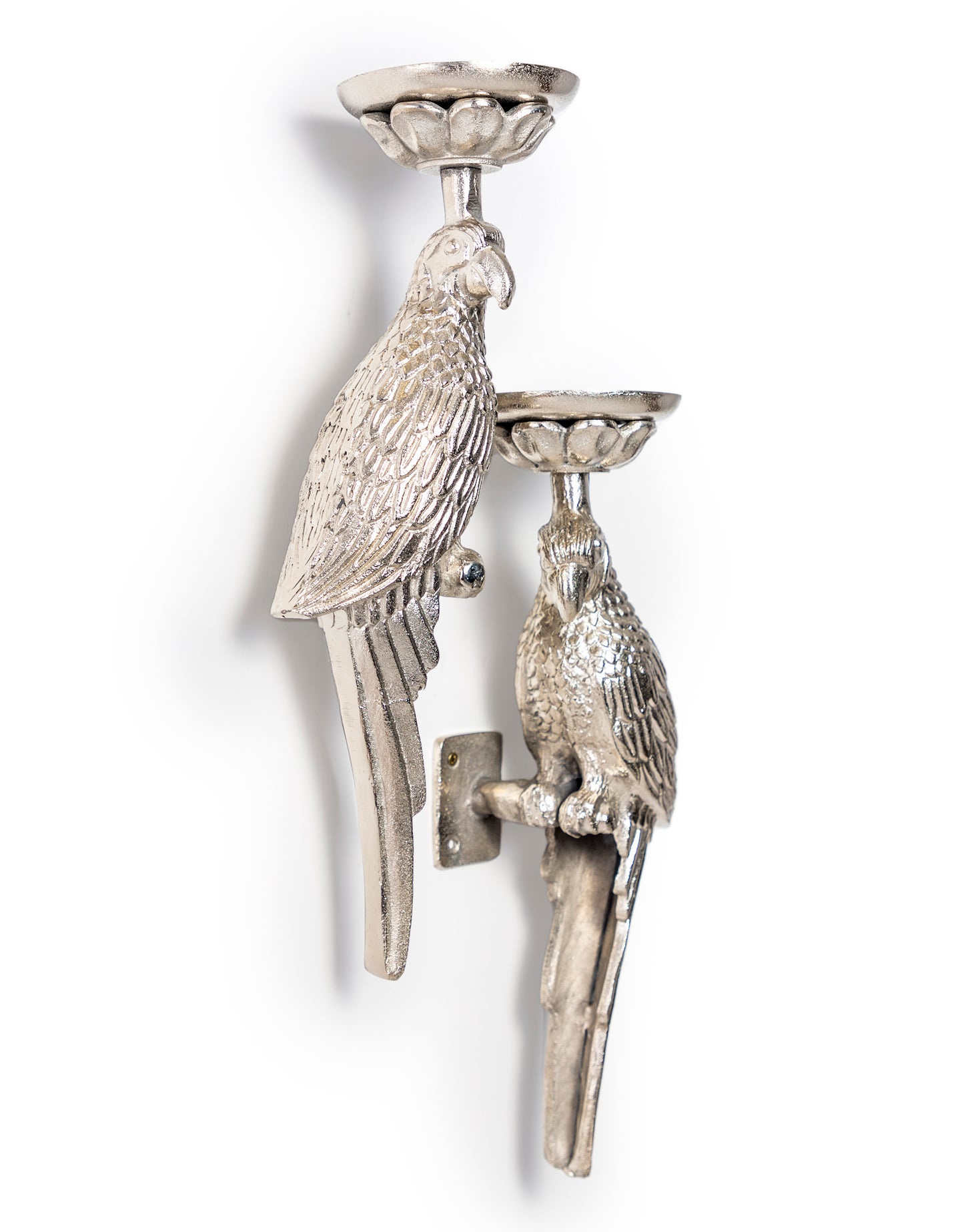 Pair of Large Raw Nickel Metal Parrot Wall Sconces