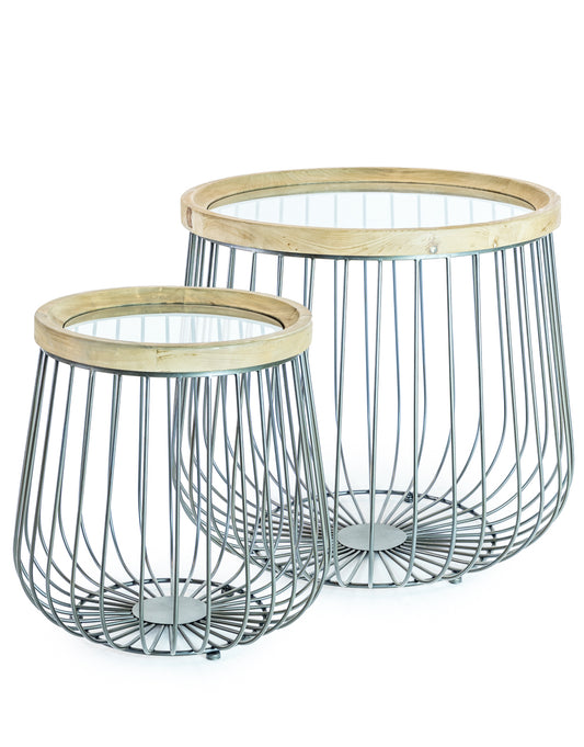 Set of 2 Iron, Wood and Glass Round Side Tables